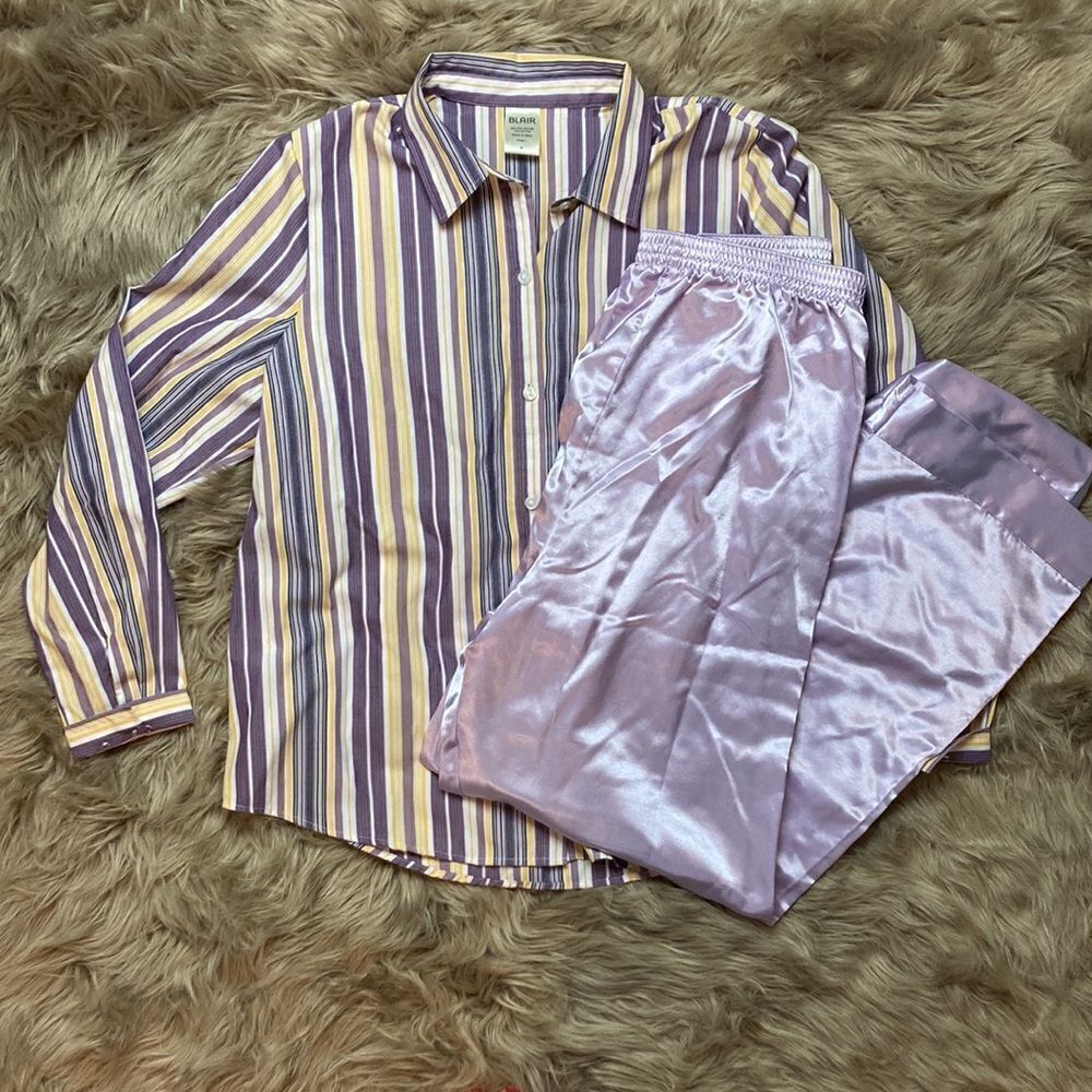 Blair Two PieceโSet Long Sleeve Button Down Striped Pajama Top & SatinโBottoms